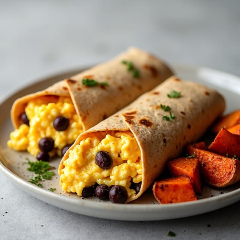 Scrambled Egg and Black Bean Burrito with Roasted Sweet Potatoes