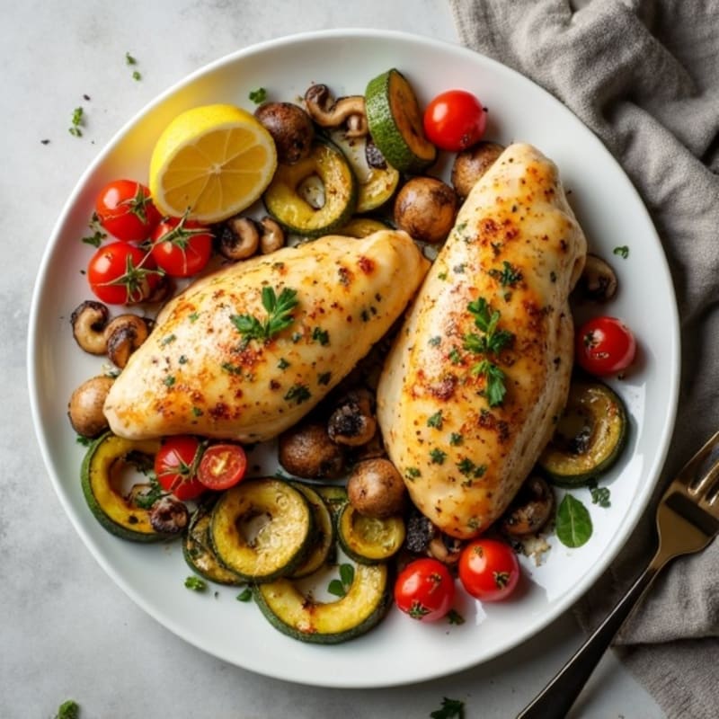 Sheet Pan Lemon Herb Chicken with Roasted Zucchini and Mushrooms