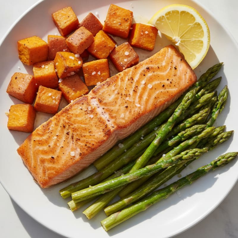Seared Salmon with Roasted Sweet Potatoes and Asparagus