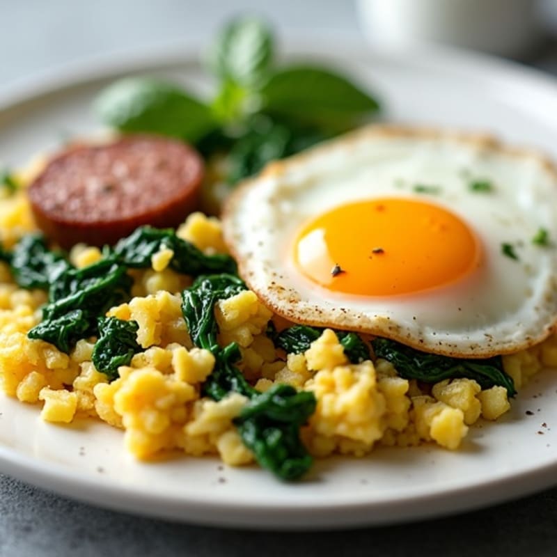 Egg White Scramble with Turkey Sausage and Sautéed Spinach