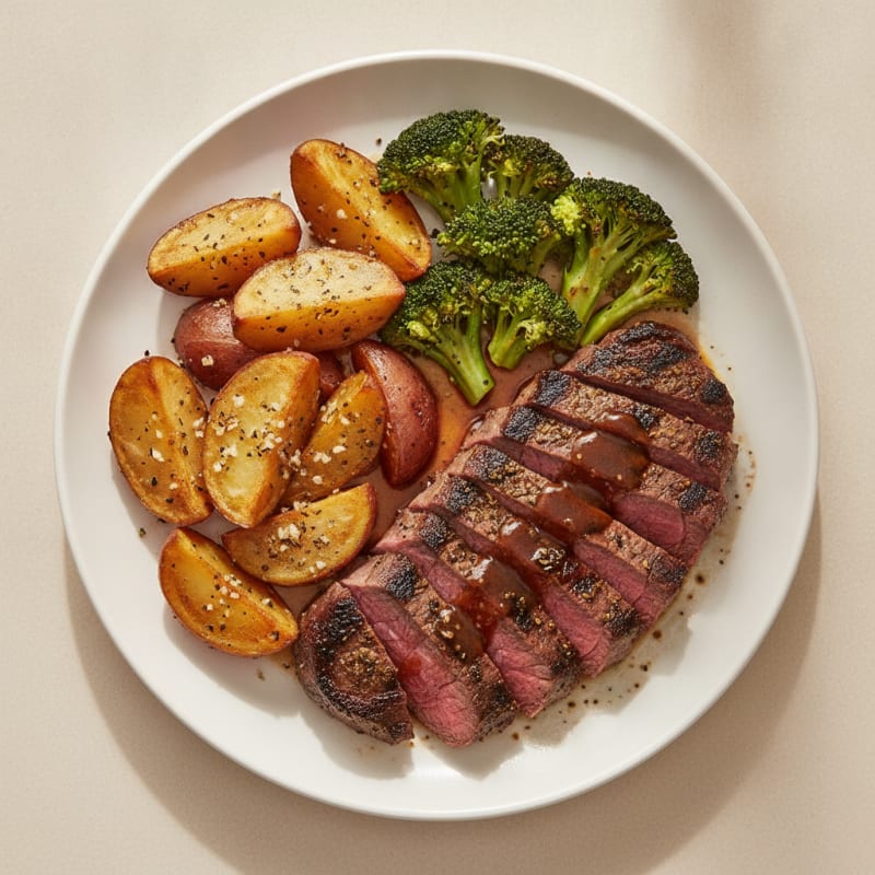 Herb-Grilled Beef with Garlic Roasted Potatoes and Broccoli
