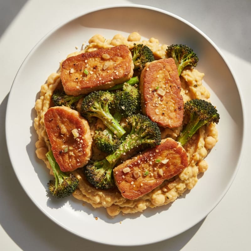 Seared Tempeh with Roasted Broccoli and Chickpea Mash