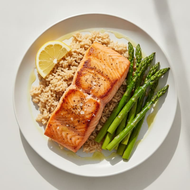 Seared Salmon Fillet with Steamed Asparagus and Brown Rice