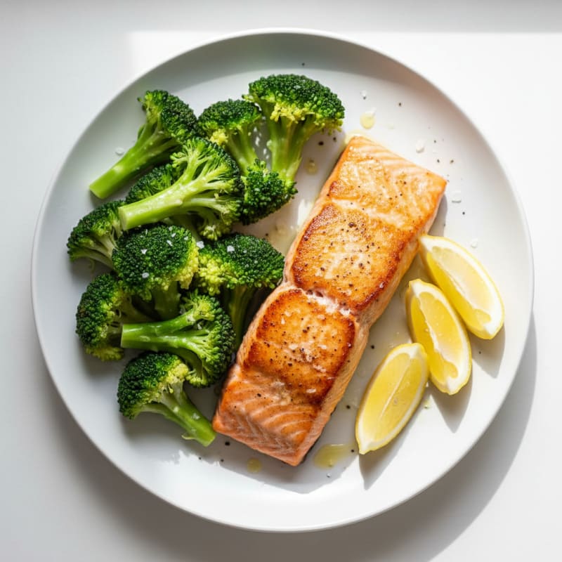 Seared Salmon with Steamed Broccoli and Lemon