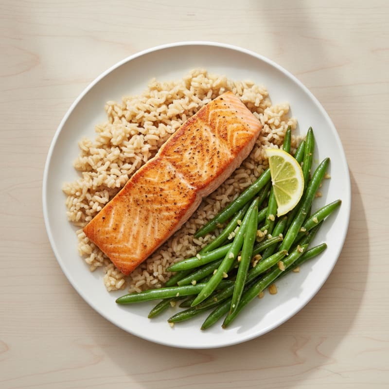 Seared Salmon with Garlic Green Beans and Brown Rice