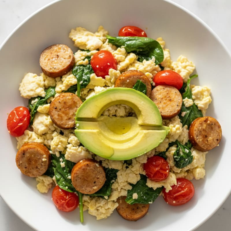 Egg White and Chicken Sausage Scramble with Spinach and Tomatoes