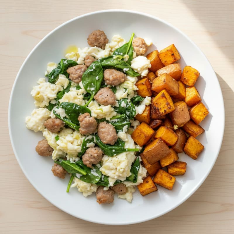 Egg White and Turkey Sausage Scramble with Spinach and Roasted Sweet Potatoes
