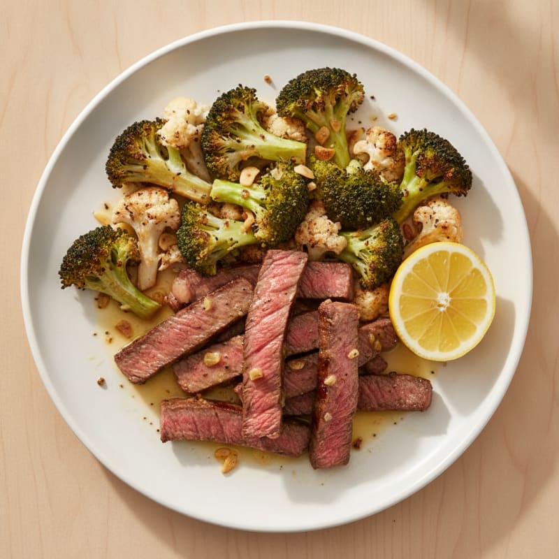 Seared Lean Beef Strips with Roasted Broccoli and Cauliflower