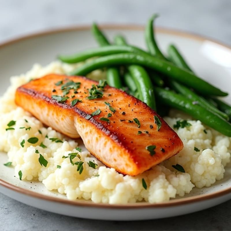 Seared Salmon with Steamed Green Beans and Garlic Cauliflower Mash