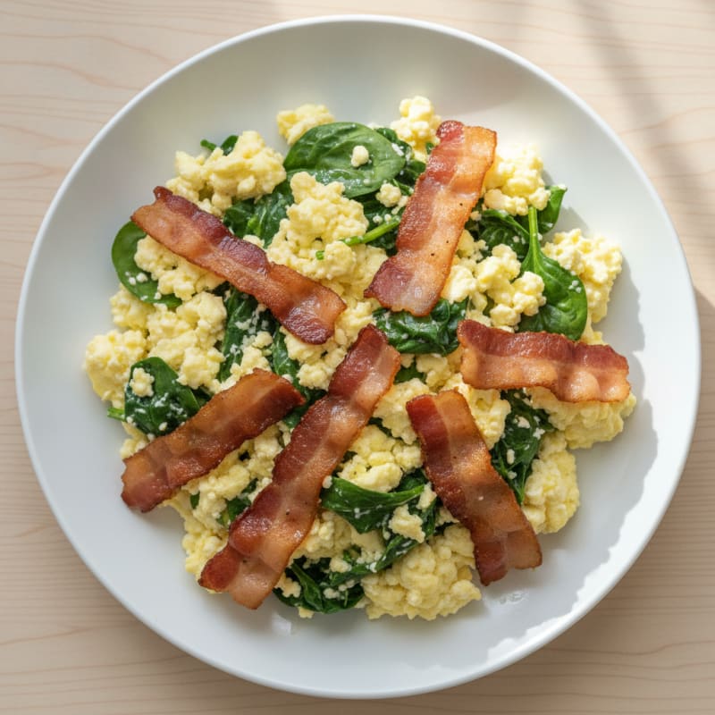 Cottage Cheese Egg Scramble with Spinach and Turkey Bacon