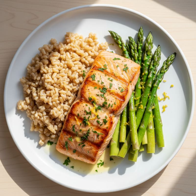 Grilled Salmon Fillet with Steamed Asparagus and Brown Rice