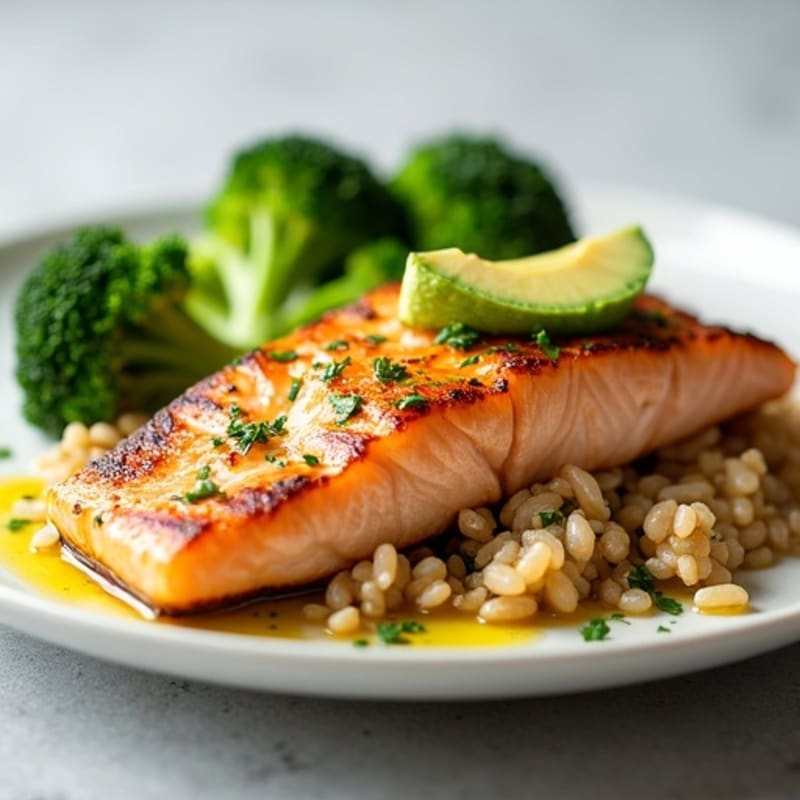 Seared Salmon with Steamed Broccoli, Brown Rice, and Avocado Drizzle