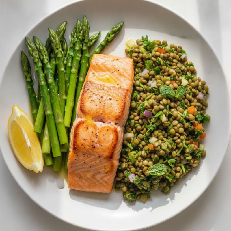 Seared Salmon with Steamed Asparagus and Lentil Salad