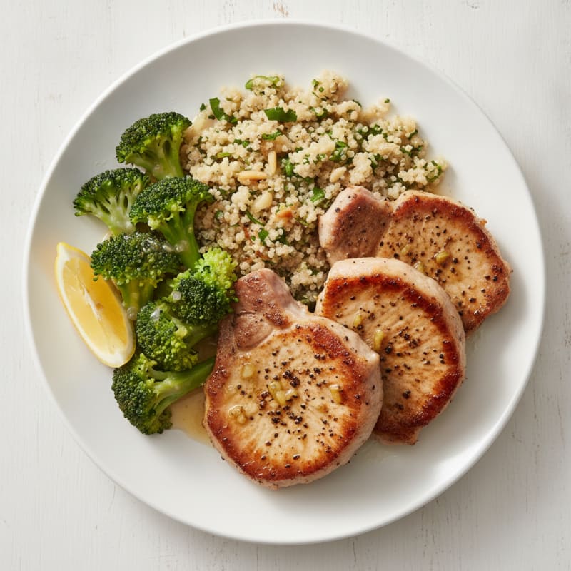 Seared Pork Chops with Steamed Broccoli and Garlic Quinoa