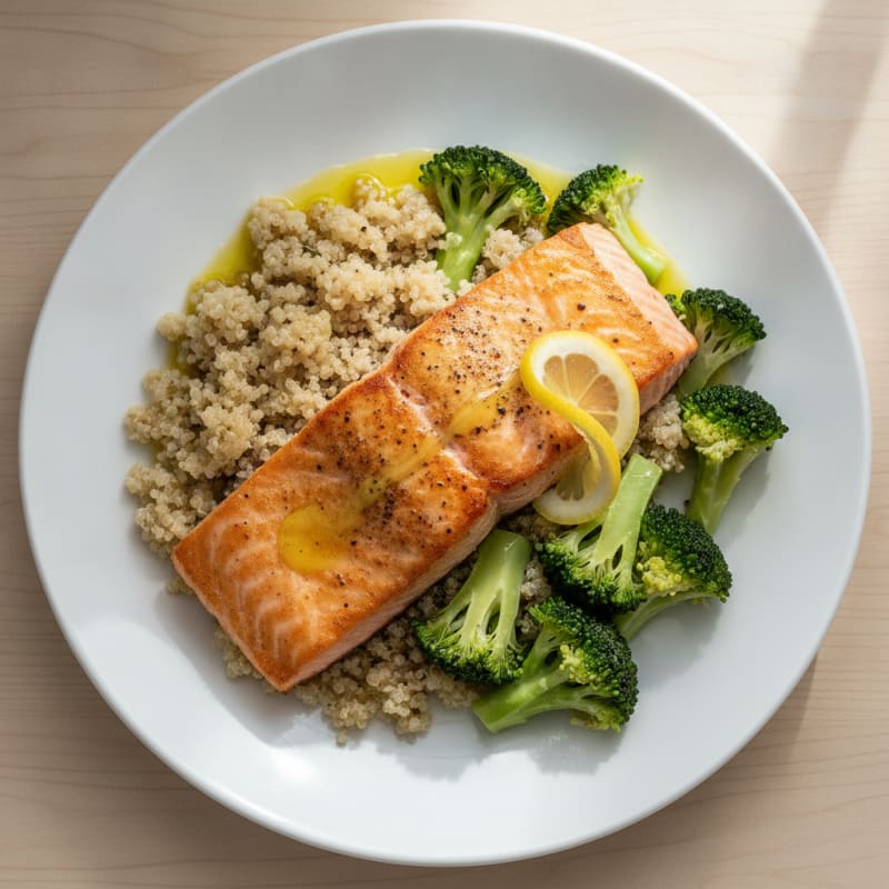 Seared Salmon with Steamed Broccoli and Quinoa