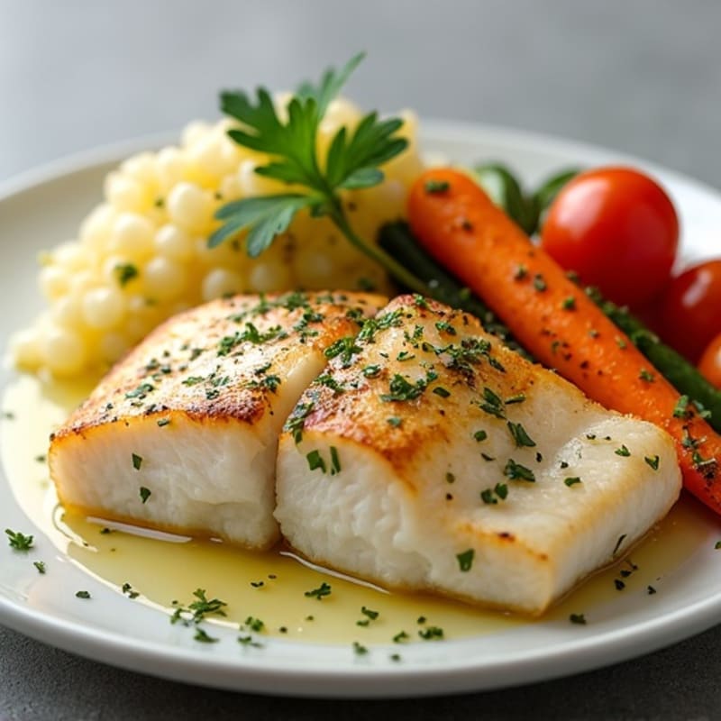 Herb-Seared Fish with Roasted Vegetables and Steamed Potatoes