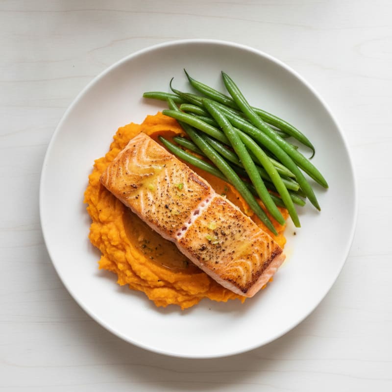 Seared Salmon Fillet with Steamed Green Beans and Sweet Potato Mash