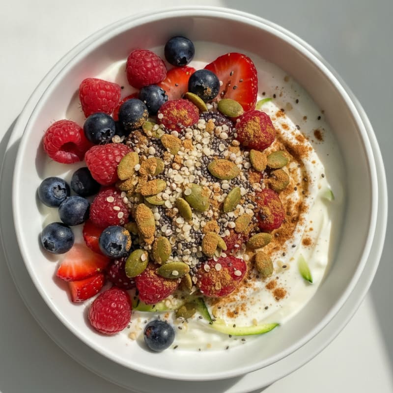 Greek Yogurt Bowl with Mixed Berries and Seed Crunch