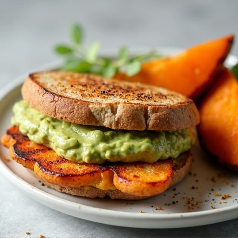 Grilled Chicken Sandwich with Creamy Avocado Spread and Roasted Sweet Potato Wedges
