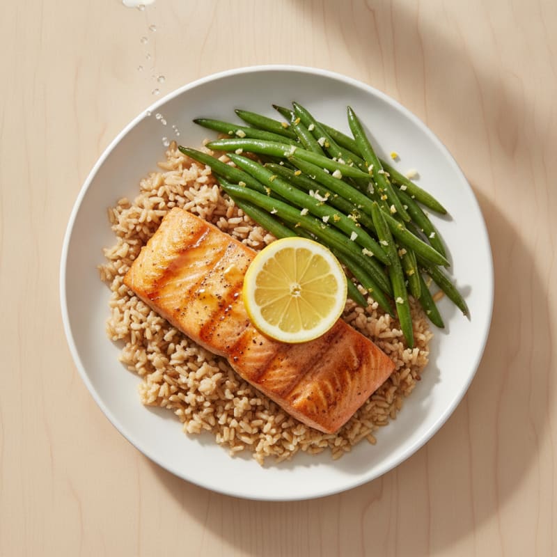 Seared Salmon Fillet with Lemon-Garlic Green Beans and Brown Rice