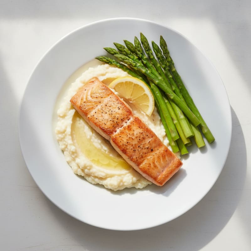 Seared Salmon with Steamed Asparagus and Cauliflower Mash