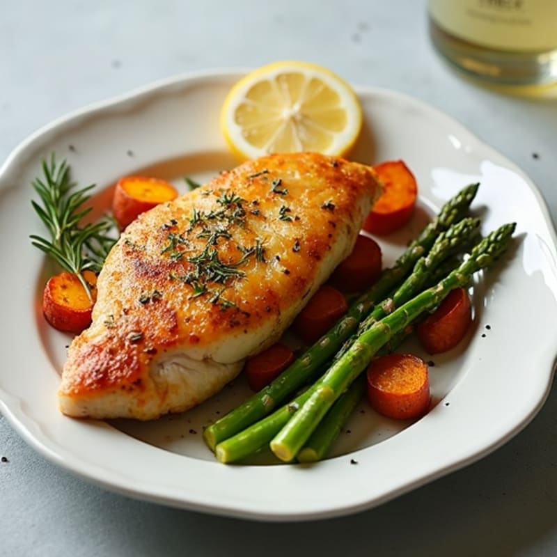 Crispy Lemon-Herb Chicken with Roasted Asparagus and Sweet Potatoes