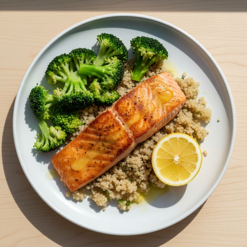 Seared Salmon with Steamed Broccoli and Quinoa