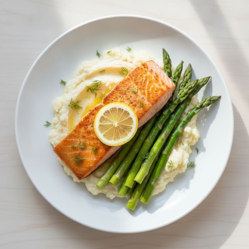 Seared Salmon with Steamed Asparagus and Cauliflower Mash