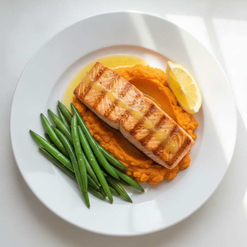 Seared Salmon Fillet with Steamed Green Beans and Sweet Potato Mash