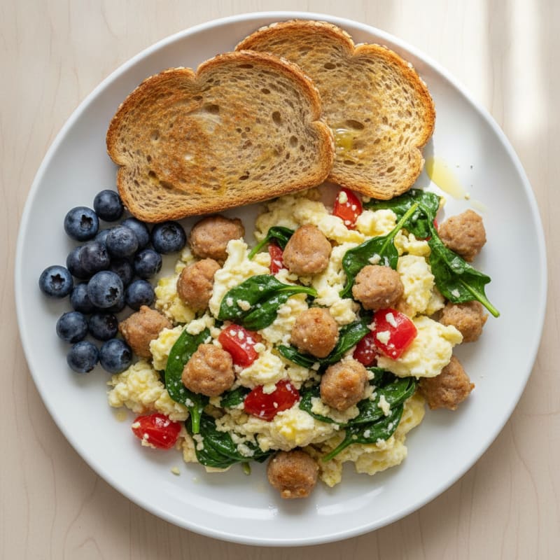 Egg White Scramble with Spinach, Tomato, and Turkey Sausage