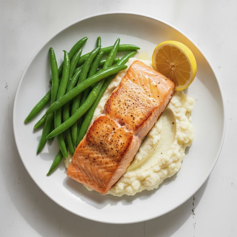 Seared Salmon Filet with Steamed Green Beans and Garlic Mashed Cauliflower