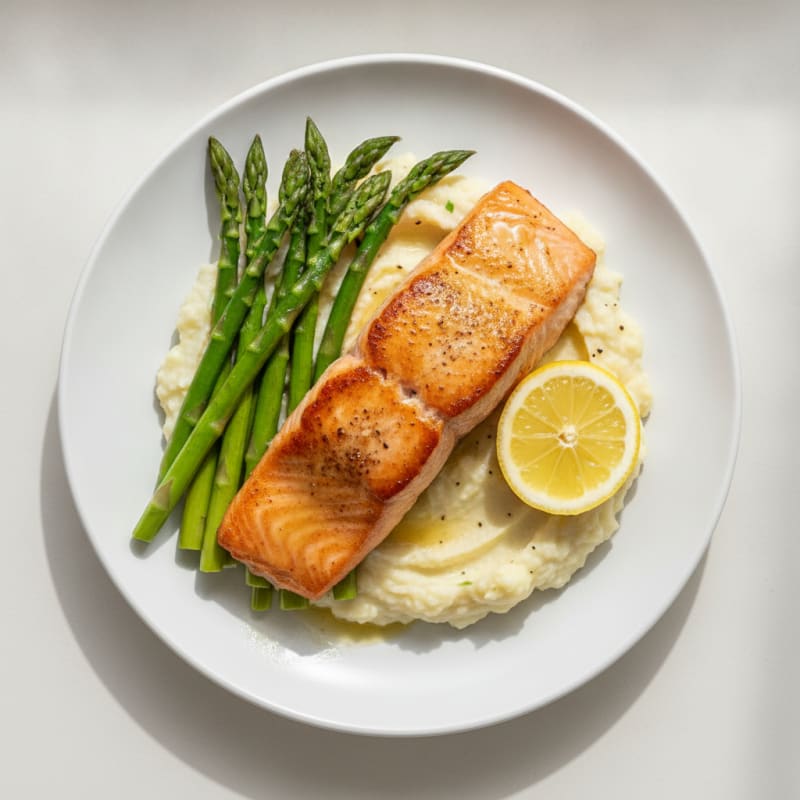 Seared Salmon Fillet with Steamed Asparagus and Cauliflower Mash