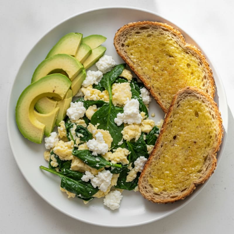 Egg White and Spinach Scramble with Cottage Cheese and Sliced Avocado