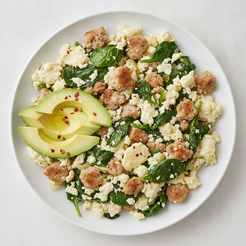 Egg White and Turkey Sausage Scramble with Sautéed Spinach