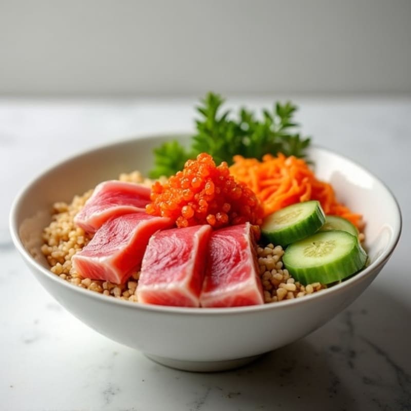 Fresh Tuna and Salmon Roe Rice Bowl with Spicy Kimchi