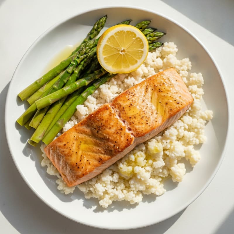 Seared Salmon with Steamed Asparagus and Cauliflower Rice