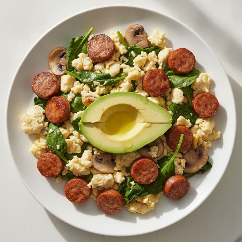 Egg White Spinach Scramble with Turkey Sausage and Sautéed Mushrooms
