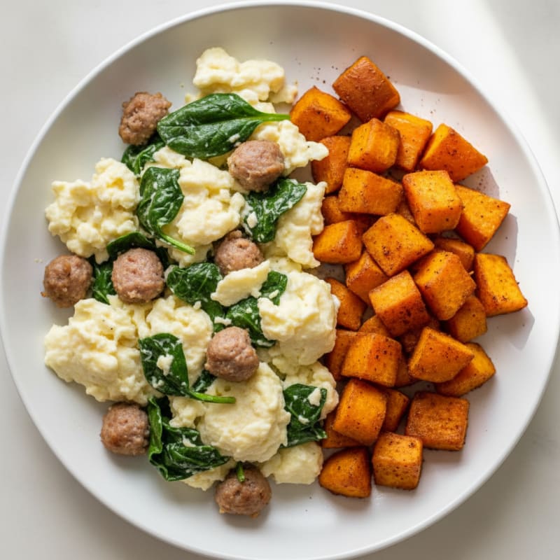 Egg White and Turkey Sausage Scramble with Spinach and Roasted Sweet Potatoes