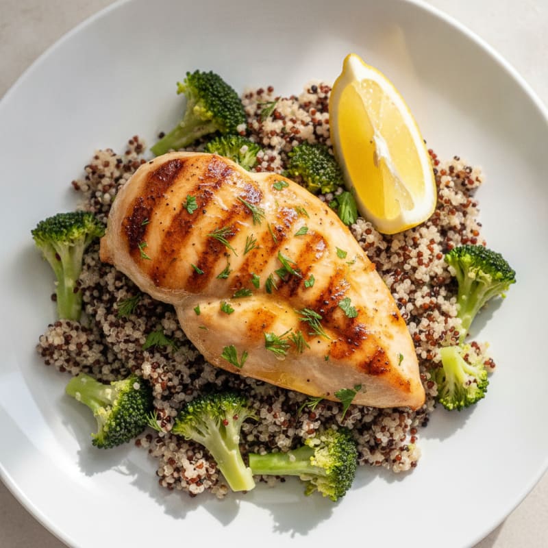 Grilled Chicken Breast with Quinoa and Steamed Broccoli
