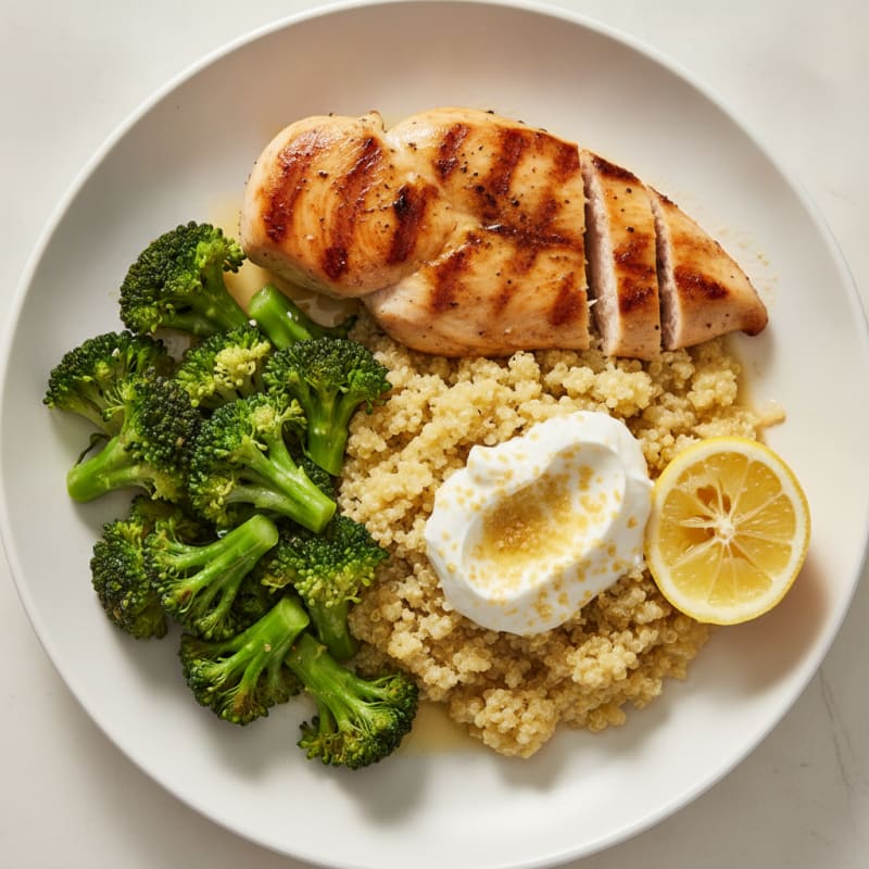 Grilled Chicken Breast with Creamy Quinoa and Steamed Broccoli
