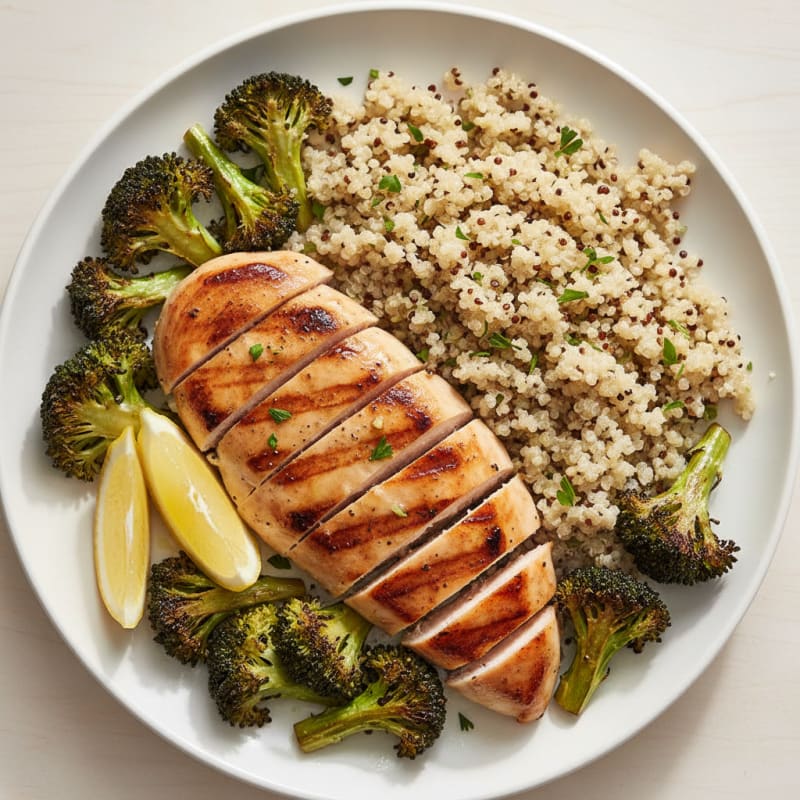 Grilled Chicken Breast with Roasted Broccoli and Quinoa