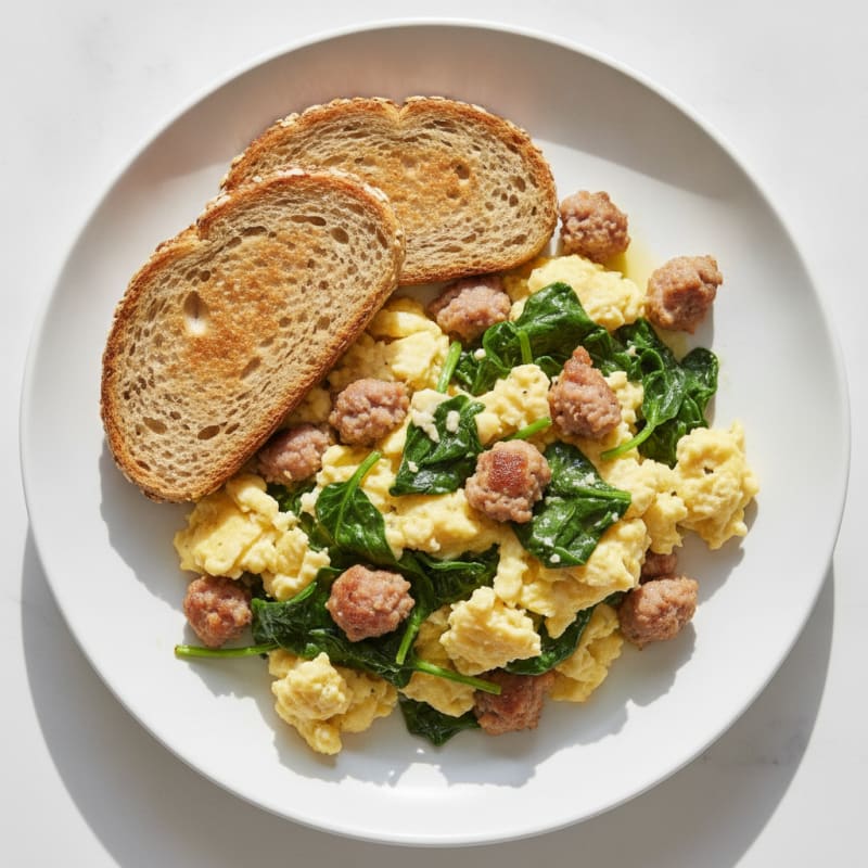 Scrambled Eggs with Turkey Sausage and Sautéed Spinach