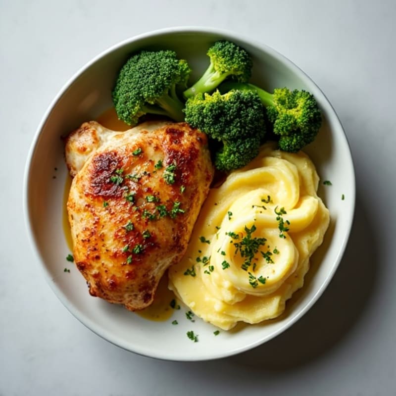Garlic-Herb Pan Seared Chicken Thighs with Roasted Broccoli and Mashed White Sweet Potato