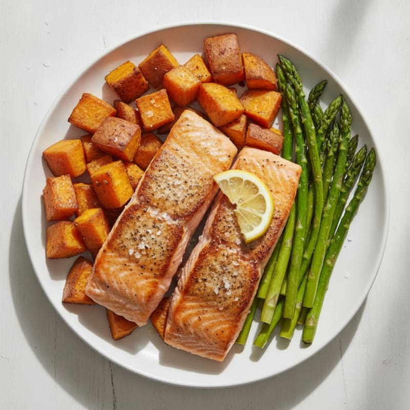 Seared Salmon with Roasted Sweet Potatoes and Asparagus