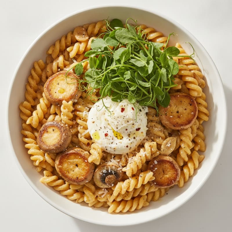 Mushroom Pasta with Ricotta and Pea Shoots