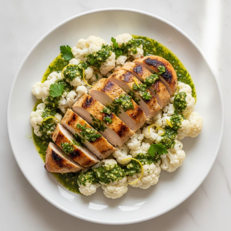 Grilled Chicken Breast with Steamed Cauliflower and Herb Vinaigrette