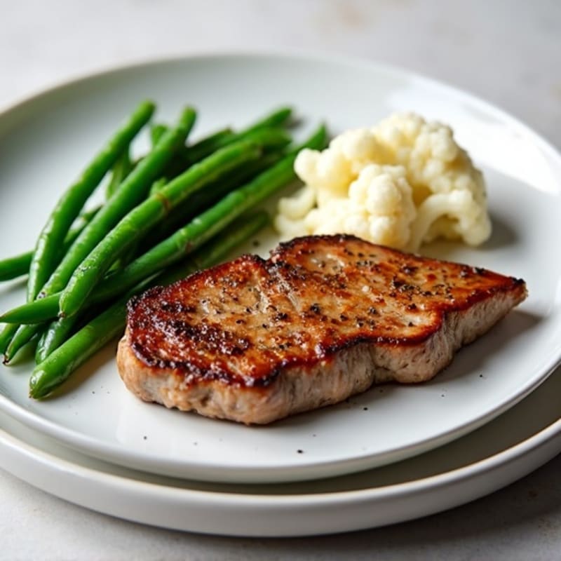 Seared Lean Beef Steak with Steamed Green Beans and Garlic Mashed Cauliflower