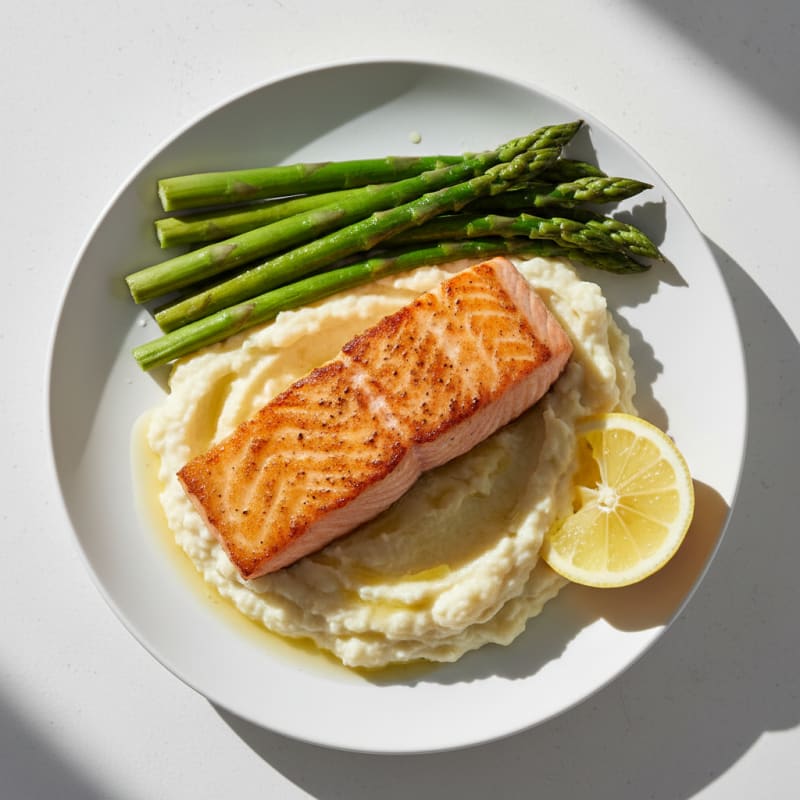 Seared Salmon with Steamed Asparagus and Cauliflower Mash