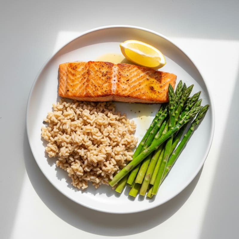 Seared Salmon with Steamed Asparagus and Brown Rice