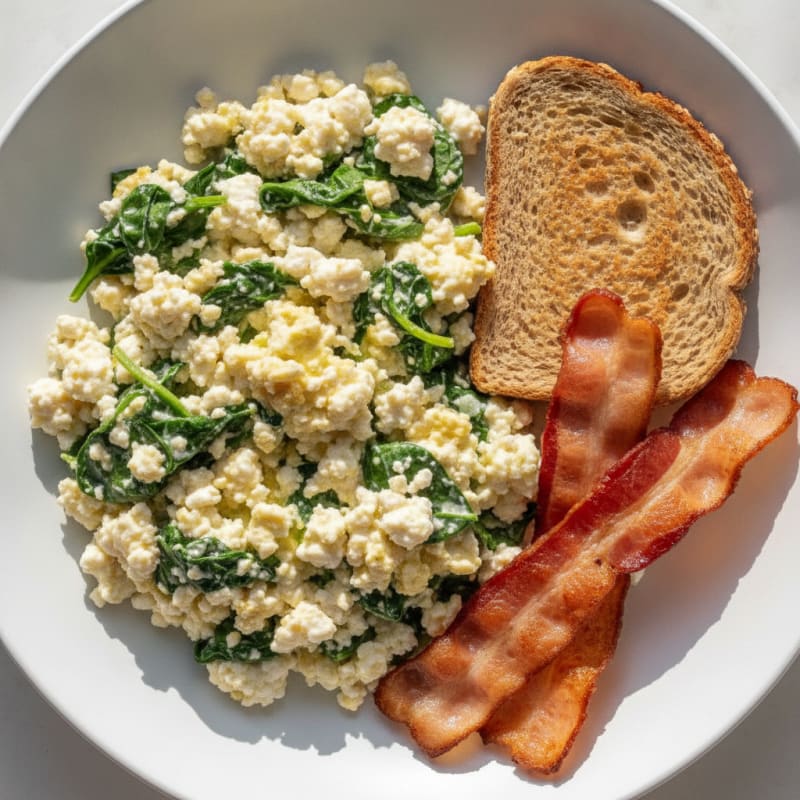 Cottage Cheese Egg White Scramble with Spinach and Turkey Bacon